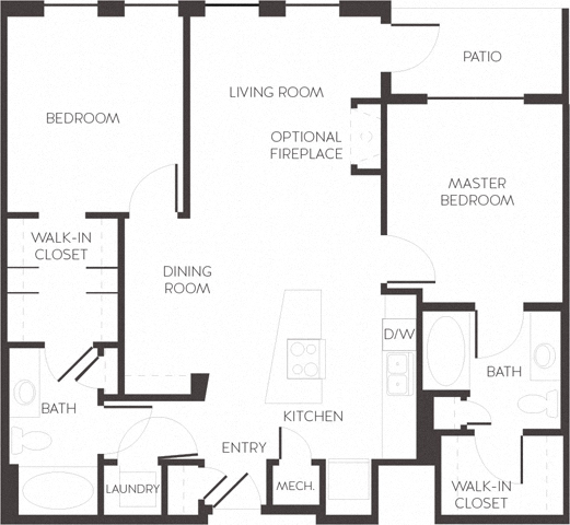 Floor plan for 2 beds, 2 baths, 1087 sqft